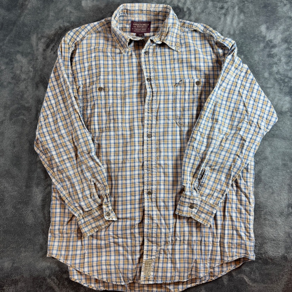 Vintage Abercrombie & Fitch The Big Shirt Mens Large Blue Tan Plaid Button Down